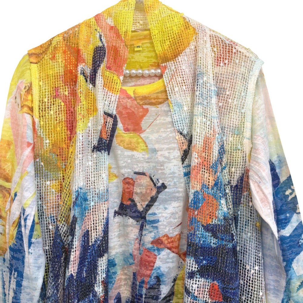 Jess & Jane Womens M 2pc Set Boho Abstract Floral Mesh Vest & Long Sleeve Top - Picture 4 of 8